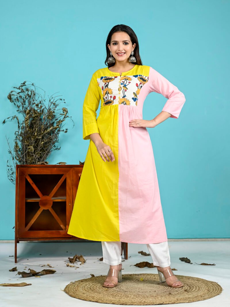 Yellow Pink Patch Work Kurti Pant Set
