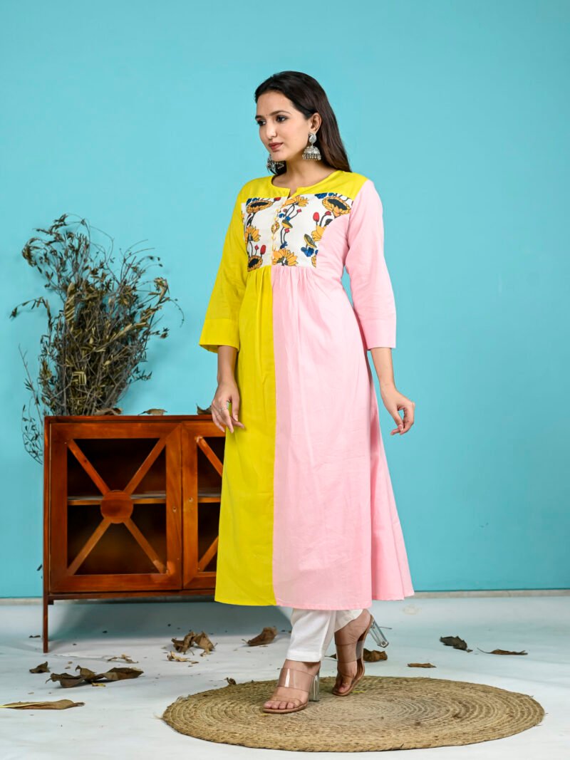 Yellow Pink Patch Work Kurti Pant Set - Image 4