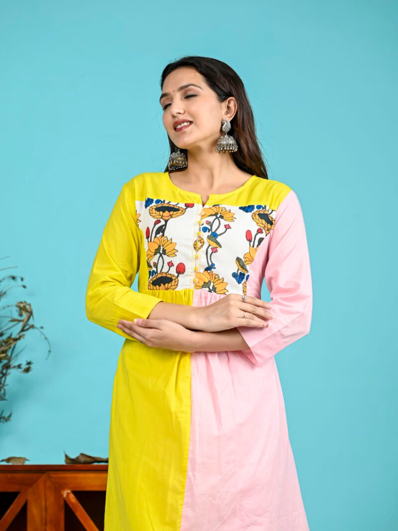 Yellow Pink Patch Work Kurti Pant Set - Image 5